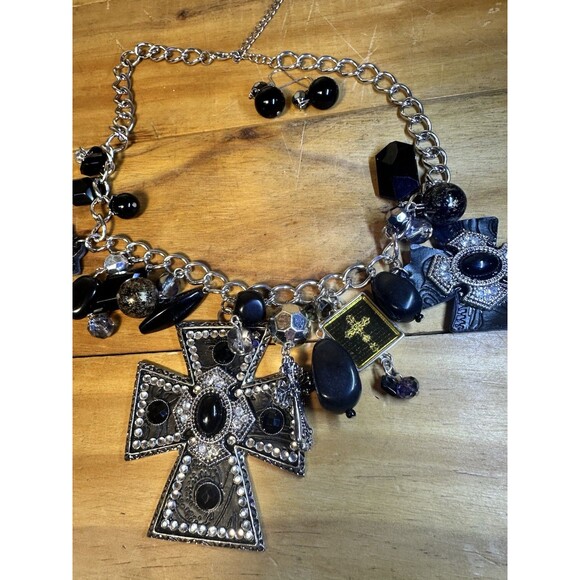 Western Black Large Cross Pendant with Charms Necklace with Earrings - Picture 2 of 5